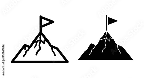 Mountain summit with flag, representing achievement, success, and reaching goals. Simple graphic icon.