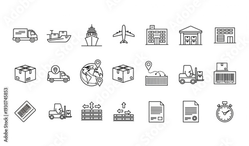 Modern logistics line icons set with shipping delivery freight and supply chain editable vector collection