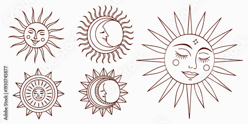 A collection of intricate sun and moon illustrations with various designs and expressions