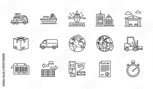 Modern logistics line icons set with shipping delivery freight and supply chain editable vector collection