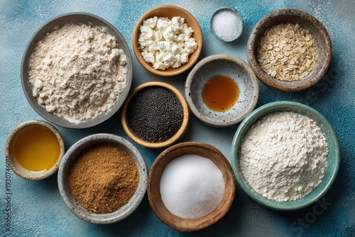 Array Of Baking Ingredients In Ceramic Bowls