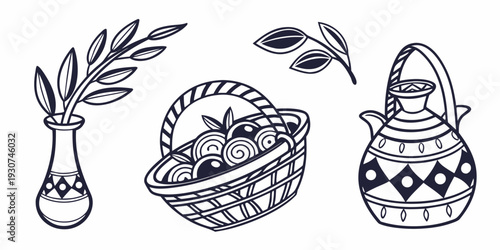A collection of drawings featuring a vase, a basket, and a jar filled with fruits.