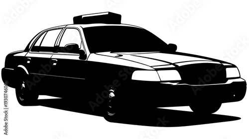 A black and white illustration of a sedan, possibly a taxi, from a side perspective