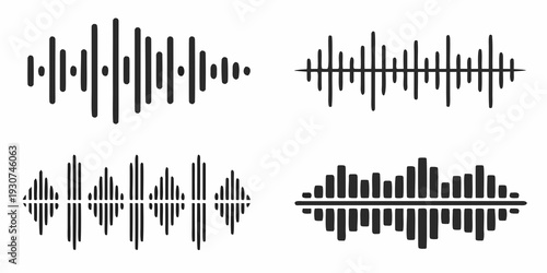 Four distinct black and white waveforms showcasing various sound patterns and frequencies