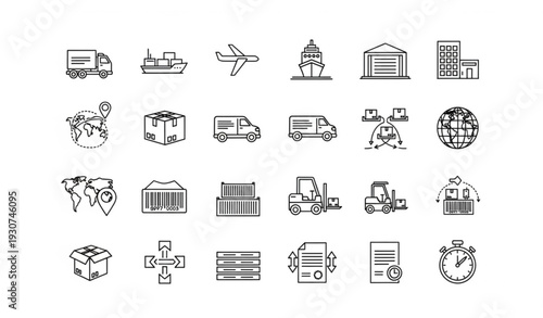 Modern logistics line icons set with shipping delivery freight and supply chain editable vector collection