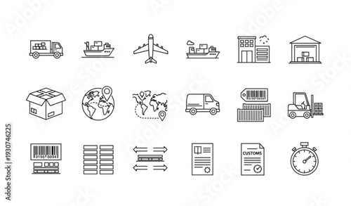 Modern logistics line icons set with shipping delivery freight and supply chain editable vector collection