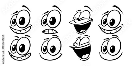 A collection of eight expressive cartoon faces with various emotions and facial expressions