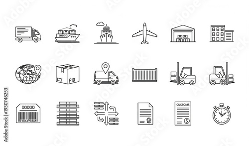 Modern logistics line icons set with shipping delivery freight and supply chain editable vector collection