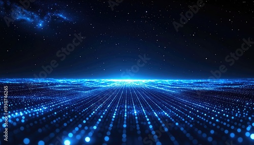 Glowing blue particles converge into horizon line, under a dark, star-filled sky, creating a luminous and futuristic scene
