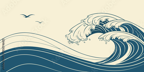 A serene seascape with a wave crashing against a cliff and two birds flying overhead