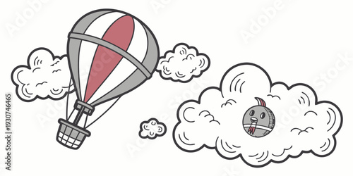 A whimsical illustration of a hot air balloon floating among clouds in a clear sky