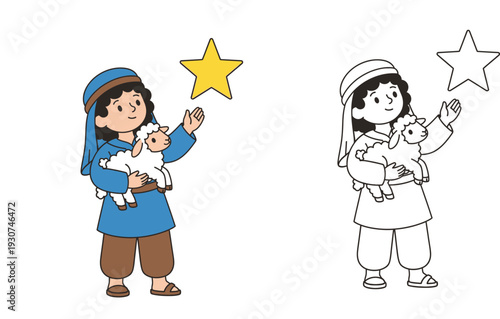 Cute cartoon nativity shepherd boy holding a lamb pointing to the Christmas star. Includes color version and black and white outline for kids coloring book vector illustration.