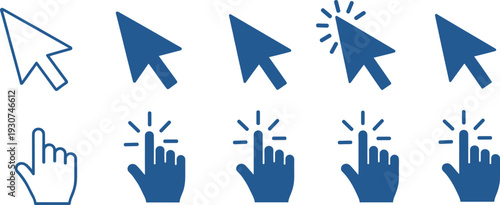 Blue UI Cursor and Interactive Clicker Icon Set Featuring Arrow Pointers and Selection Hand Icons for Web Navigation and App Design