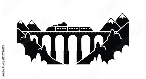 Vector illustration of train on bridge with mountains and bats