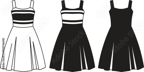 Fashion design sketches of striped and solid dresses