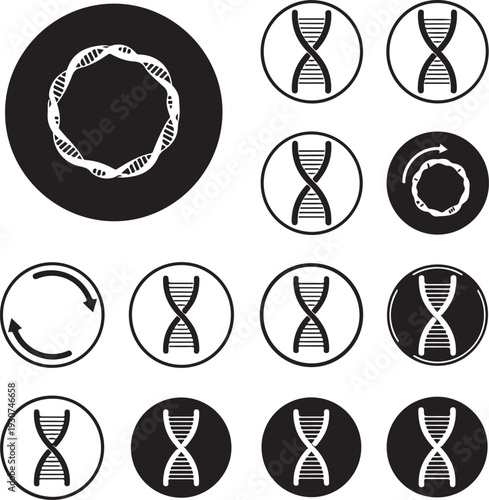 Collection of DNA double helix icons in various designs and styles for genetic representation
