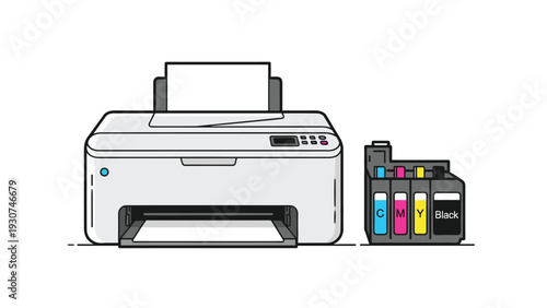 Modern white inkjet printer is shown with its four separate cyan magenta yellow and black ink cartridges.