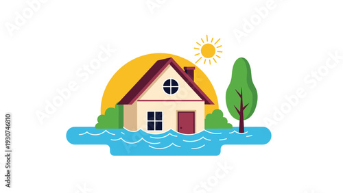 Small residential house is partially submerged in water during a flood disaster under a bright yellow sun.