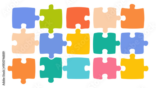 Colorful jigsaw puzzle pieces vector illustration. Set of flat puzzle icons for business and education