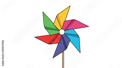 Colorful toy pinwheel with blades in rainbow hues is mounted on a wooden stick against a plain white background.