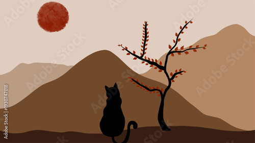 Black cat sits looking at a red sun over mountains