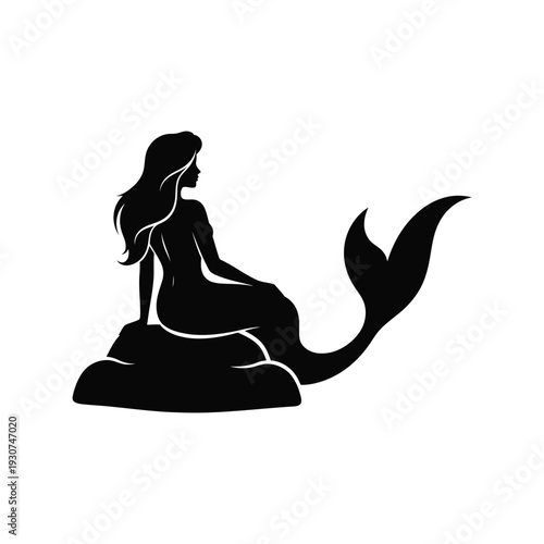 Mermaid silhouette vector illustration sitting on rock, fantasy sea creature black icon
