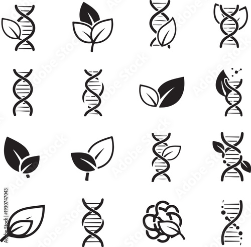 Collection of genetic engineering symbols combining dna and leaves isolated on transparent background