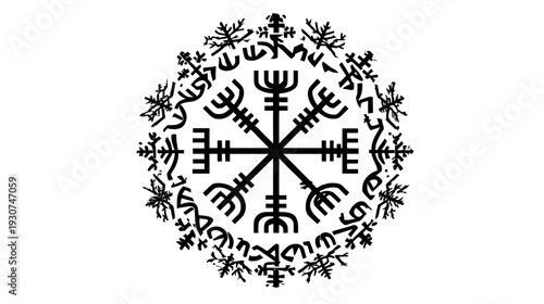 A black and white circular design on a white background, featuring Norse symbols and other motifs
