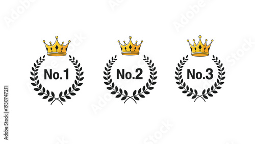Ranking system displays three laurel wreaths topped with golden crowns for first second and third place awards.