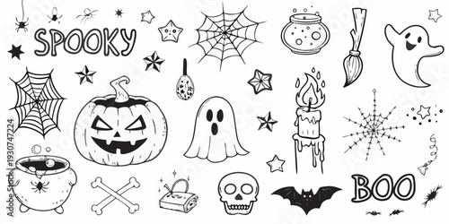 Halloween doodle set with spooky elements like ghosts pumpkins and bats