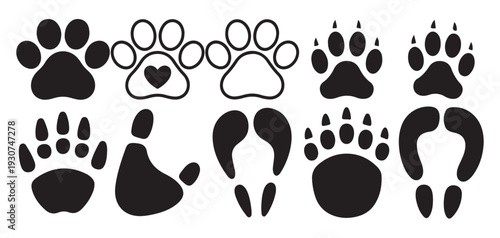 Animal paw print with heart shape silhouette for pet lovers.  vector illustration eps 10