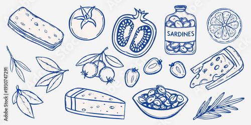Sketch of various foods including fruit cheese and seafood
