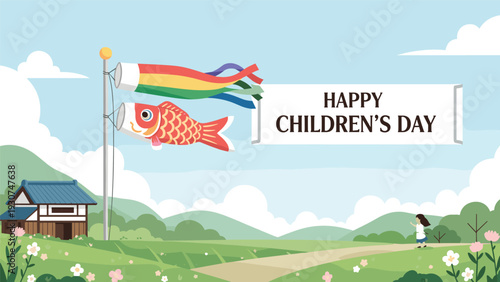 Scenic landscape celebrating Childrens Day features traditional carp streamers and a banner in the mountains.