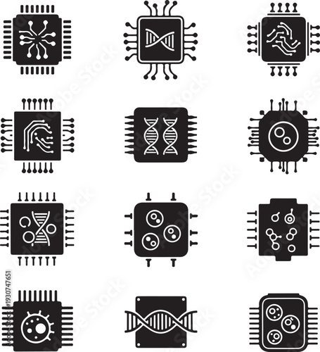 Collection of microchip icons with various science and technology symbols on transparent background