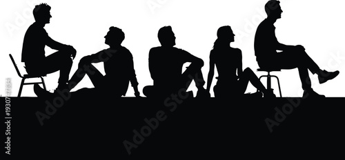 Silhouette of five people sitting on raised platform, casual relaxed poses, artistic human interaction design illustration concept flat vector