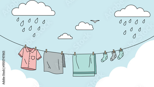 Wet laundry hangs on a clothesline outdoors while rain drops fall from grey clouds in the sky during an unexpected summer shower.