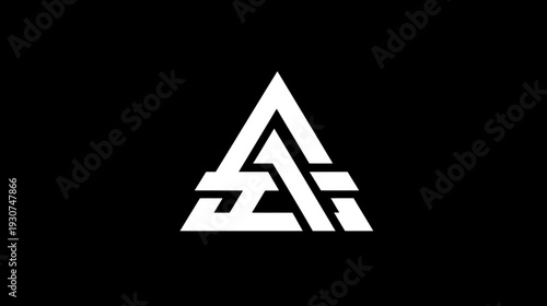 A stark geometric emblem, white against black, with intersecting lines forming an abstract triangular design