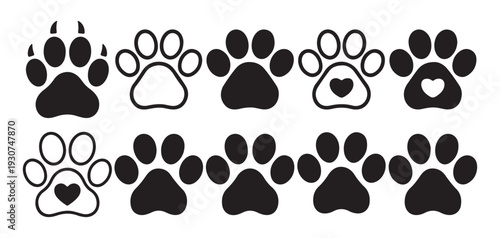 Animal paw print with heart shape silhouette for pet lovers.  vector illustration eps 10