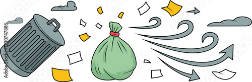 Strong wind blowing garbage bag trash can papers debris illustration concept environmental pollution waste management urban storm scene design flat vector