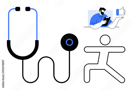 Healthcare, telemedicine, wellness, fitness programs, remote consultation, online services. ion of a stethoscope, a person exercising and remote communication. Healthcare and telemedicine concept