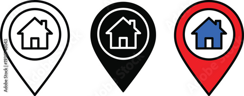 Three colored map pin icons with house symbols