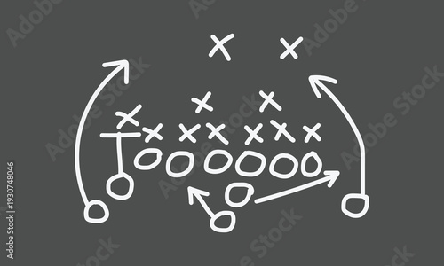 Foto Hand-drawn chalk diagram illustrating an offensive football play with player positions and strategic movements clearly outlined on a dark background