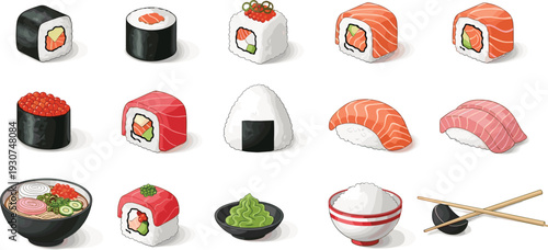 Detailed isometric vector collection of Japanese cuisine featuring various sushi rolls nigiri onigiri ramen noodles wasabi and chopsticks for restaurant menu design.