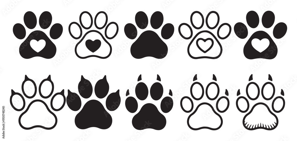 Fototapeta premium Black animal paw prints silhouette set isolated on white background. vector illustration eps 10
