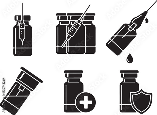 Medical vaccine bottle icon set with syringe and shield on transparent background