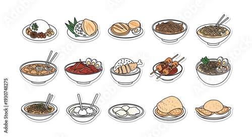 Malay and Southeast Asian Traditional Food Illustration Sticker Set - Nasi Lemak, Satay, Laksa, and Roti Canai Vector Icons