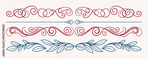Collection of ornate swirling line designs and floral patterns