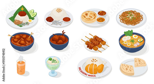 Malaysian Food Collection: Isometric Illustration of Nasi Lemak, Satay, Roti Canai, and Traditional Asian Cuisine Set