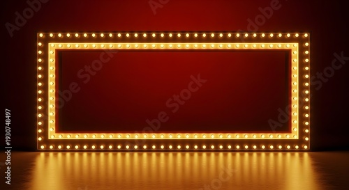 Retro theater marquee sign with glowing light bulbs around empty rectangular frame on dark red background for cinema or stage performance