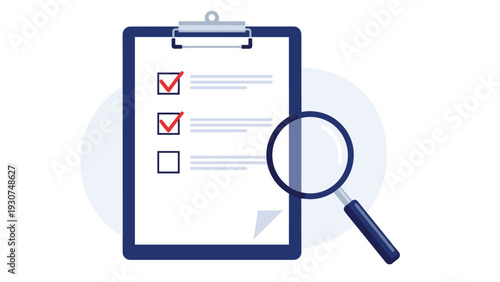 Clipboard with a completed checklist and a magnifying glass placed on top symbolizing a thorough inspection or quality control audit.